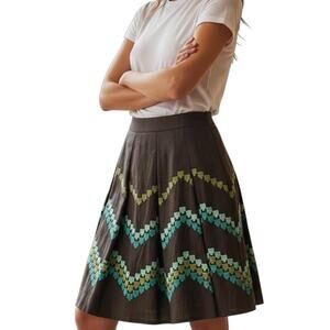 Ann Taylor Loft Vintage Women's Skirt 4P Linen Embroidered Pleated A-Line Brown